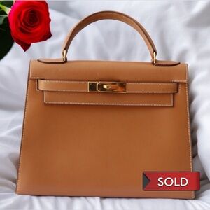 HERMES Kelly 28 SELLIER Box Calf Leather Natural Gold Hardware Vintage OI Engrav